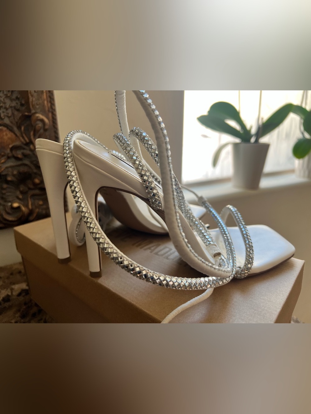 Steve Madden White Rhinestone Wrap High Heel Sandals